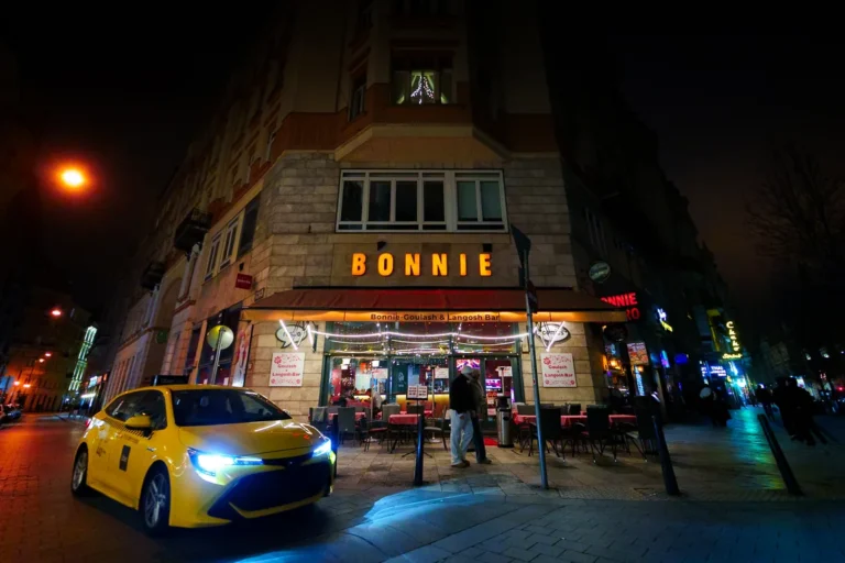 The corner house at Ferenciek tere 5 at night, the sign lit above the terrace