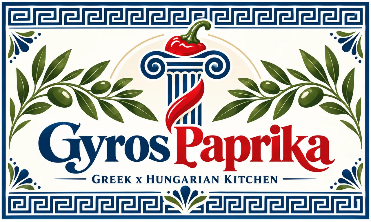 The Gyros Paprika logo: a Greek column with a red paprika pepper between olive branches, and the words Greek x Hungarian Kitchen