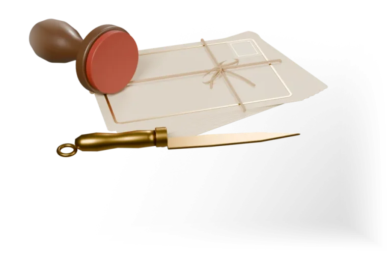Illustration: ein Stapel cremefarbener Postkarten, mit Schnur gebunden, ein Poststempel und ein Brieföffner aus Messing