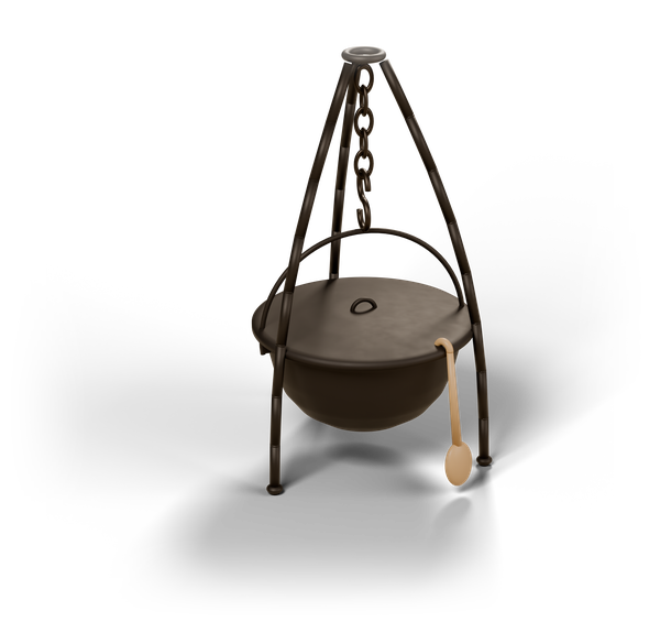 Illustration: a cast-iron goulash kettle hanging from a three-leg tripod, lid on, a wooden spoon on the rim